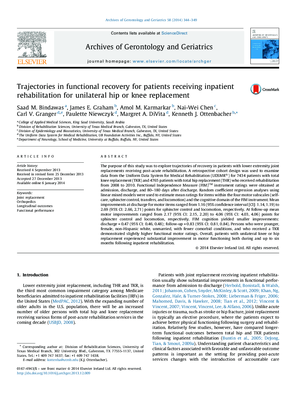 Trajectories in functional recovery for patients receiving inpatient rehabilitation for unilateral hip or knee replacement