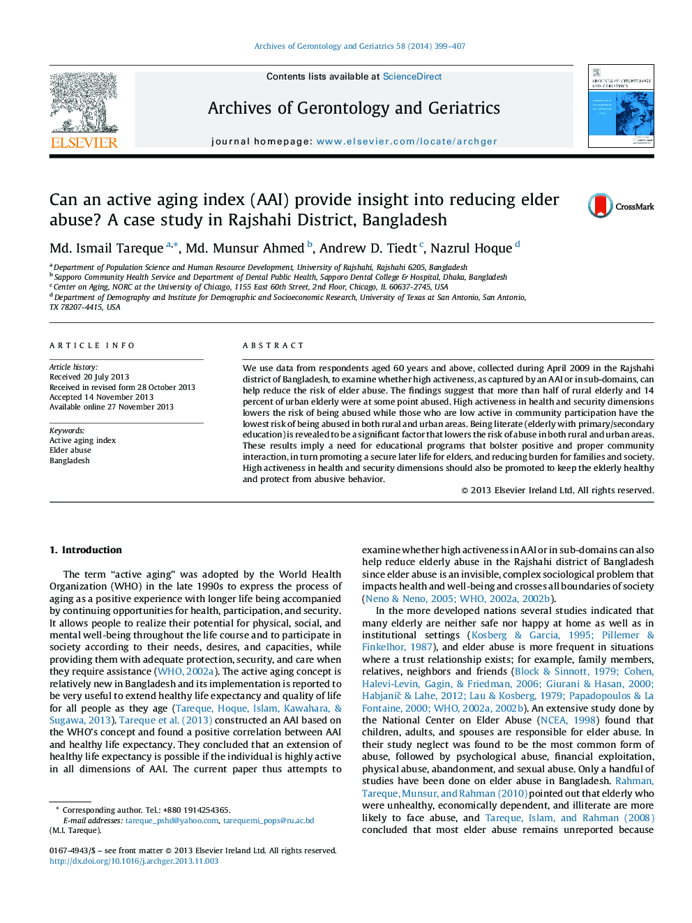 Can an active aging index (AAI) provide insight into reducing elder abuse? A case study in Rajshahi District, Bangladesh