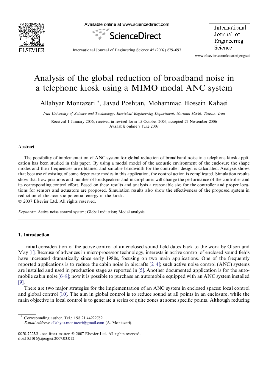 Analysis of the global reduction of broadband noise in a telephone kiosk using a MIMO modal ANC system