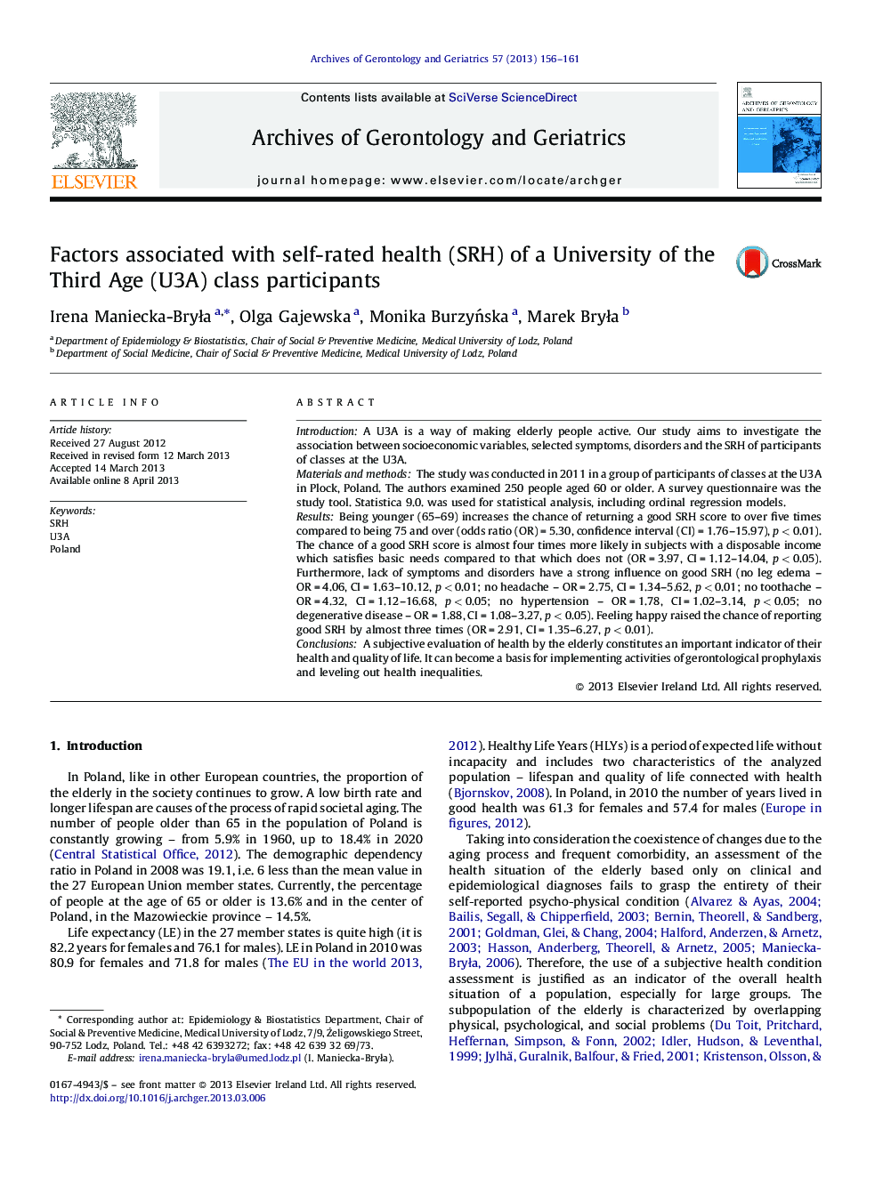 Factors associated with self-rated health (SRH) of a University of the Third Age (U3A) class participants