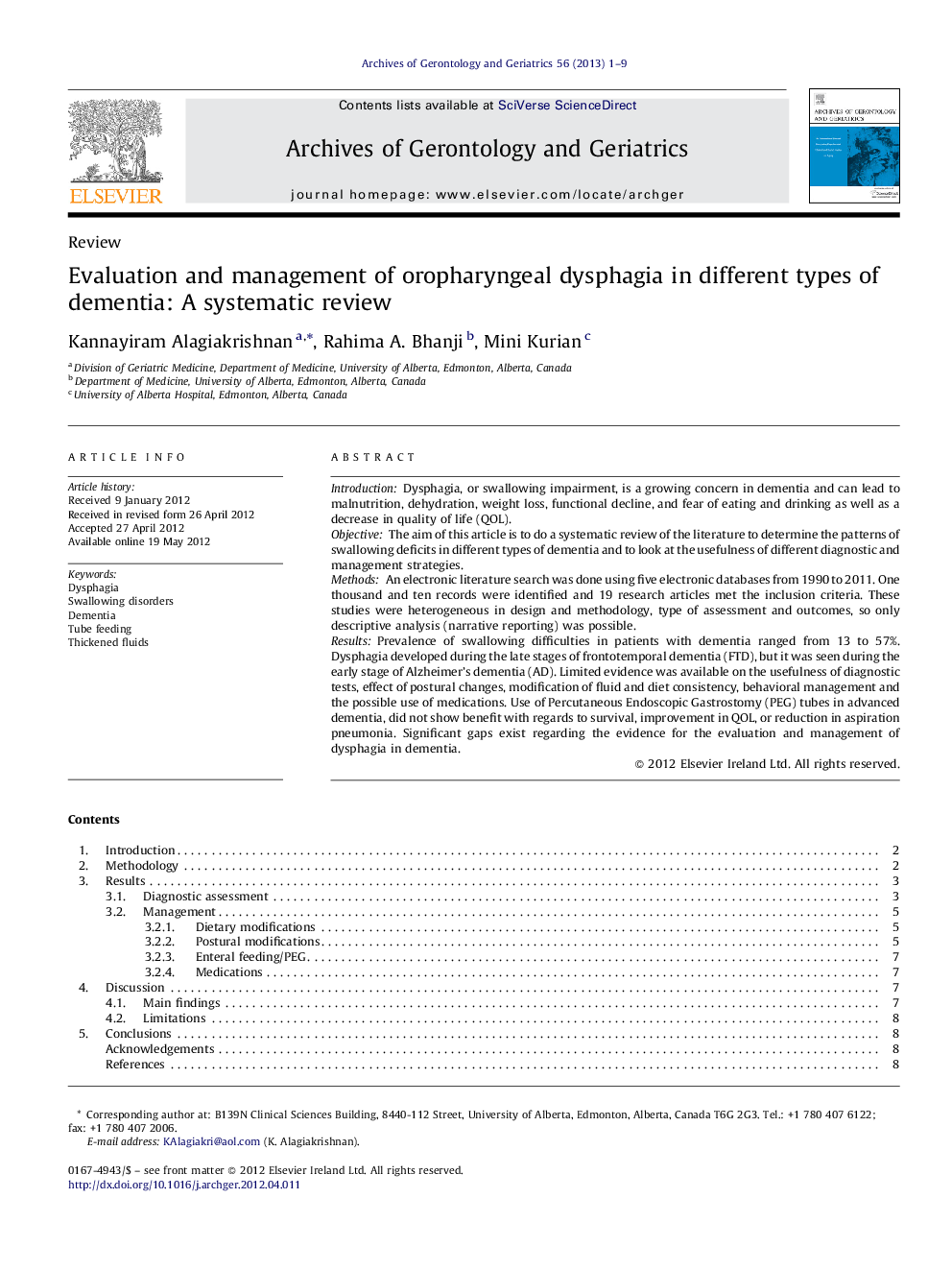 Evaluation and management of oropharyngeal dysphagia in different types of dementia: A systematic review