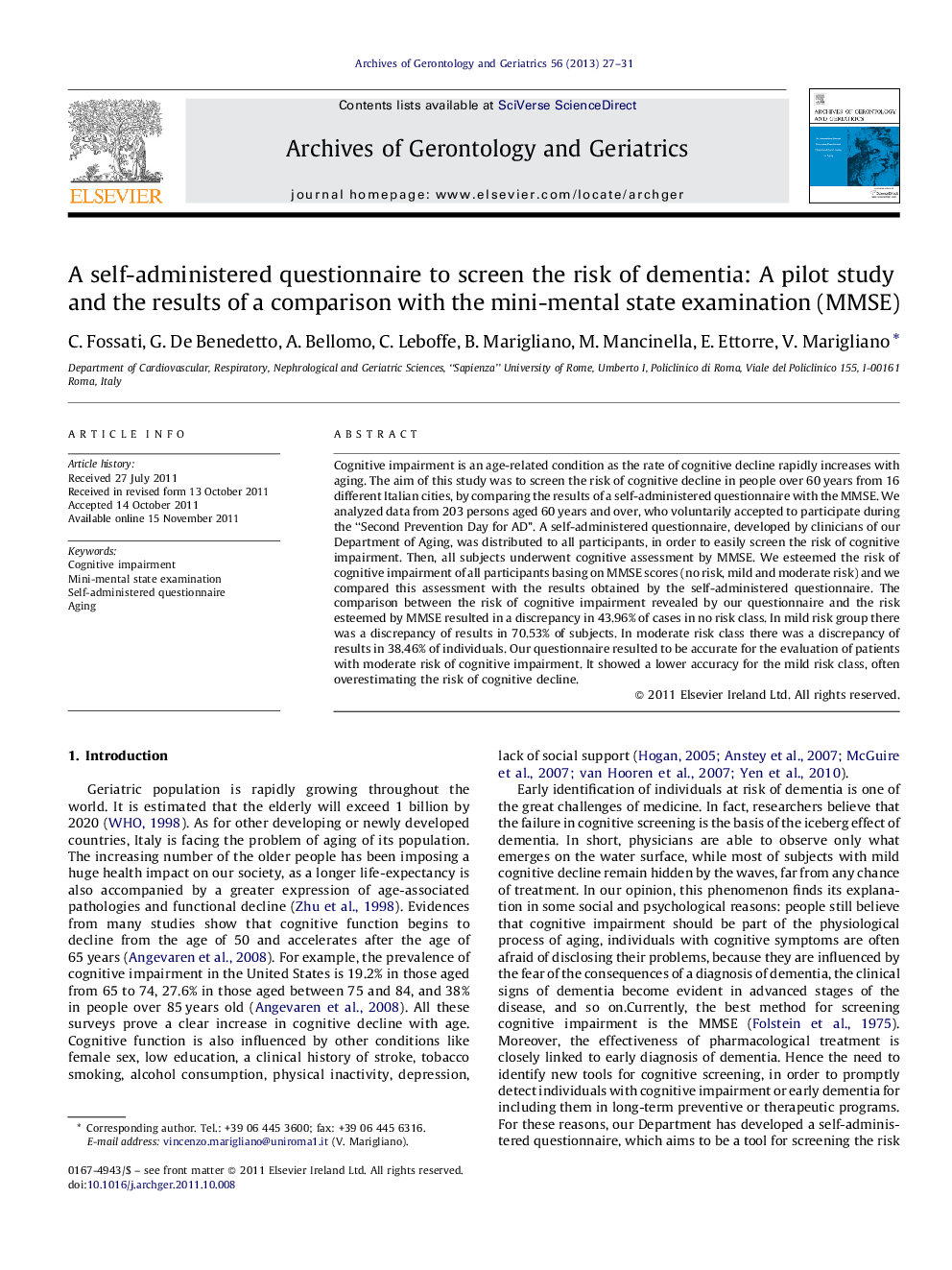 A self-administered questionnaire to screen the risk of dementia: A pilot study and the results of a comparison with the mini-mental state examination (MMSE)