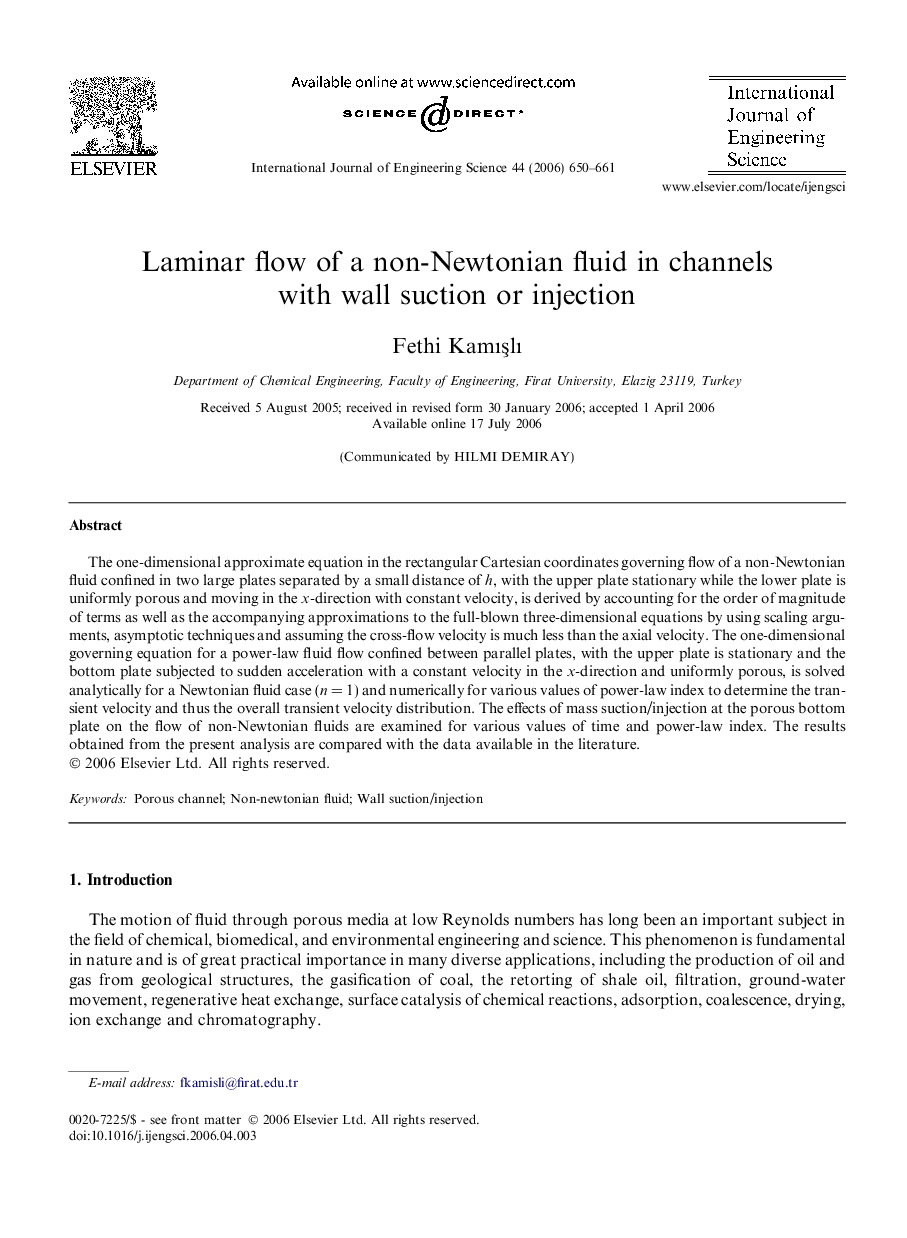 Laminar flow of a non-Newtonian fluid in channels with wall suction or injection