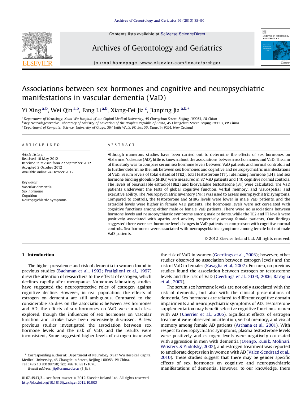 Associations between sex hormones and cognitive and neuropsychiatric manifestations in vascular dementia (VaD)