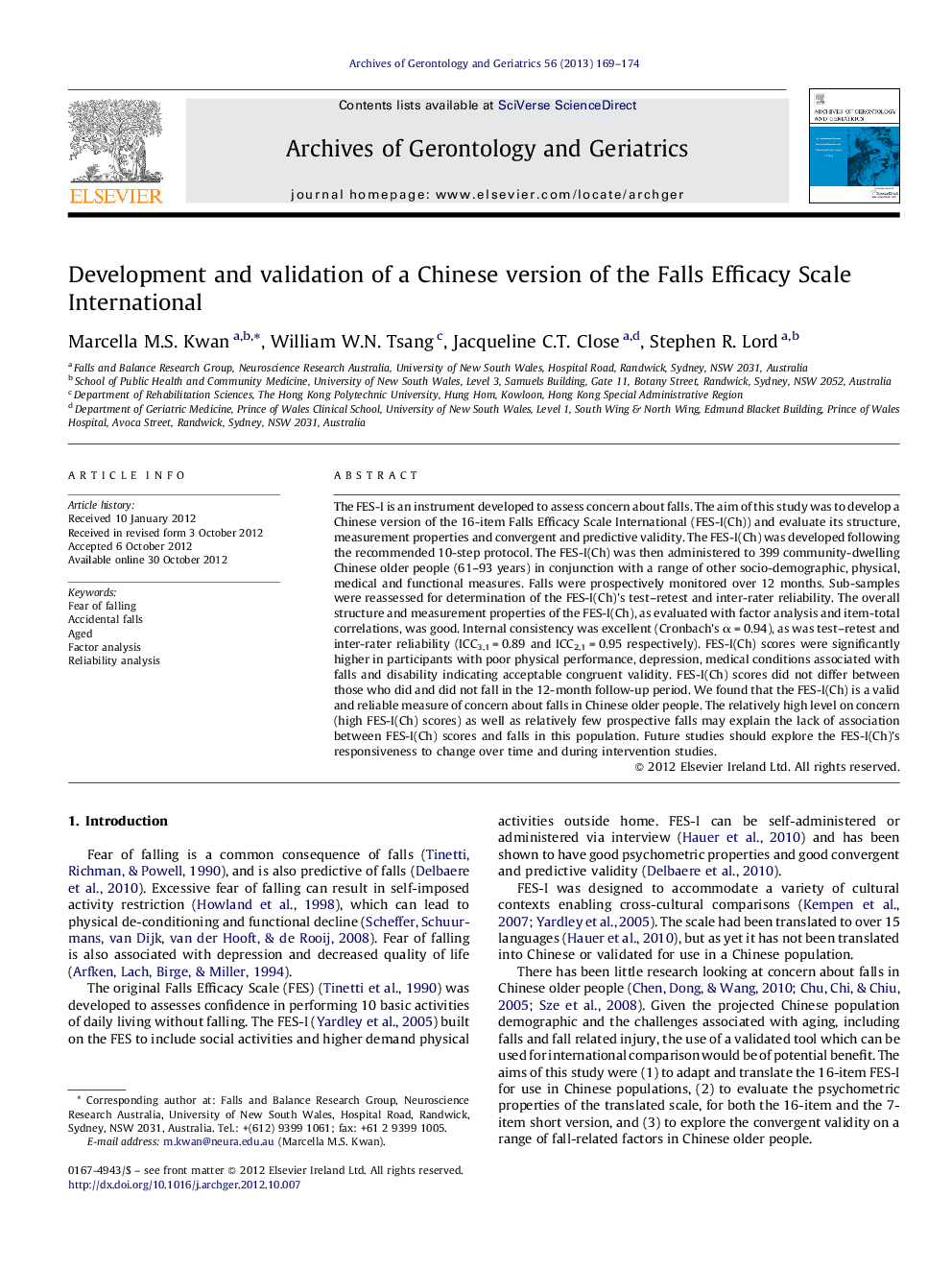 Development and validation of a Chinese version of the Falls Efficacy Scale International