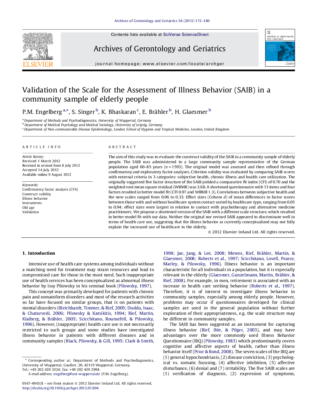 Validation of the Scale for the Assessment of Illness Behavior (SAIB) in a community sample of elderly people