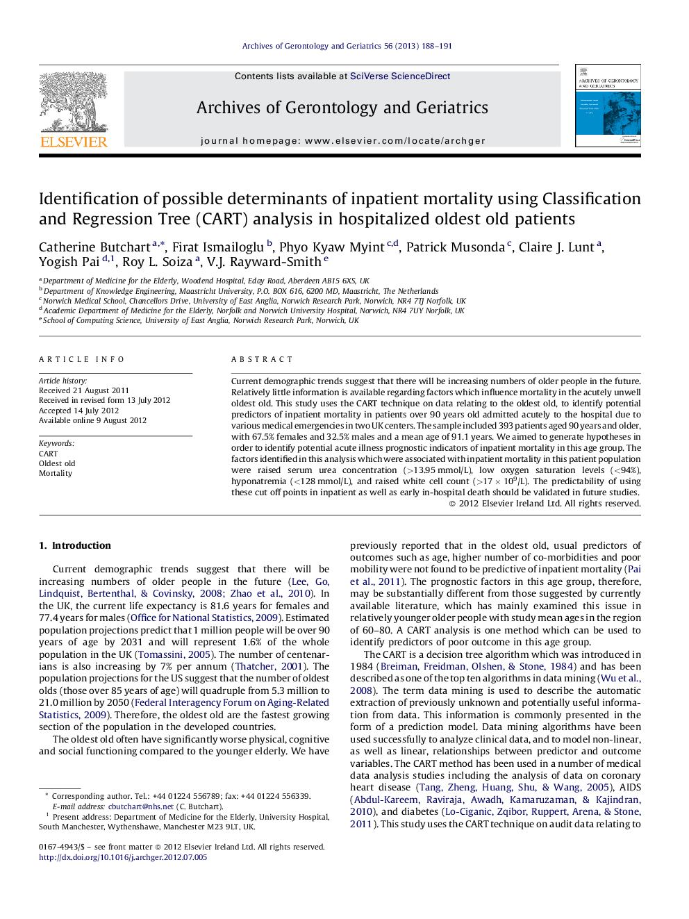 Identification of possible determinants of inpatient mortality using Classification and Regression Tree (CART) analysis in hospitalized oldest old patients