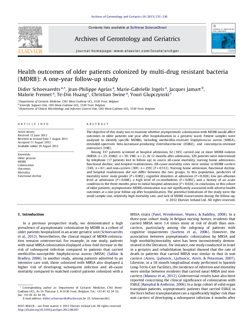 Health outcomes of older patients colonized by multi-drug resistant bacteria (MDRB): A one-year follow-up study