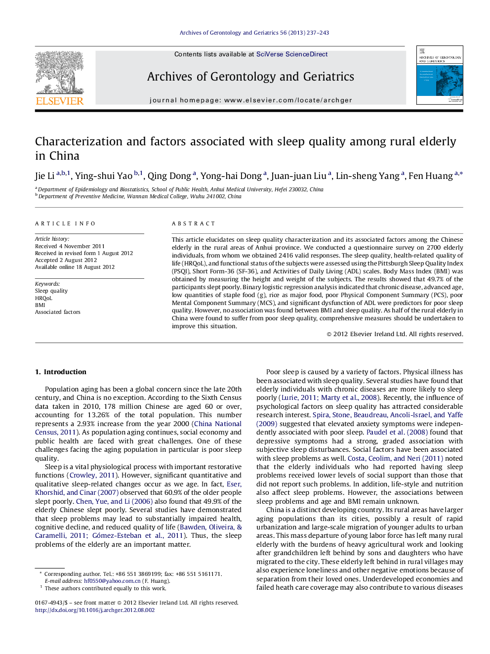 Characterization and factors associated with sleep quality among rural elderly in China