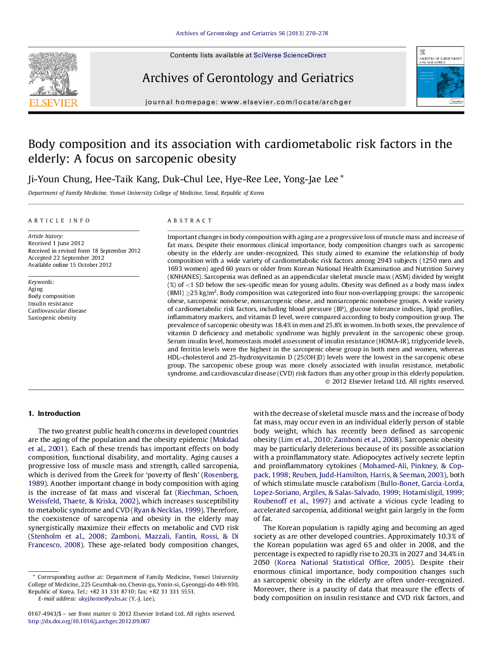 Body composition and its association with cardiometabolic risk factors in the elderly: A focus on sarcopenic obesity