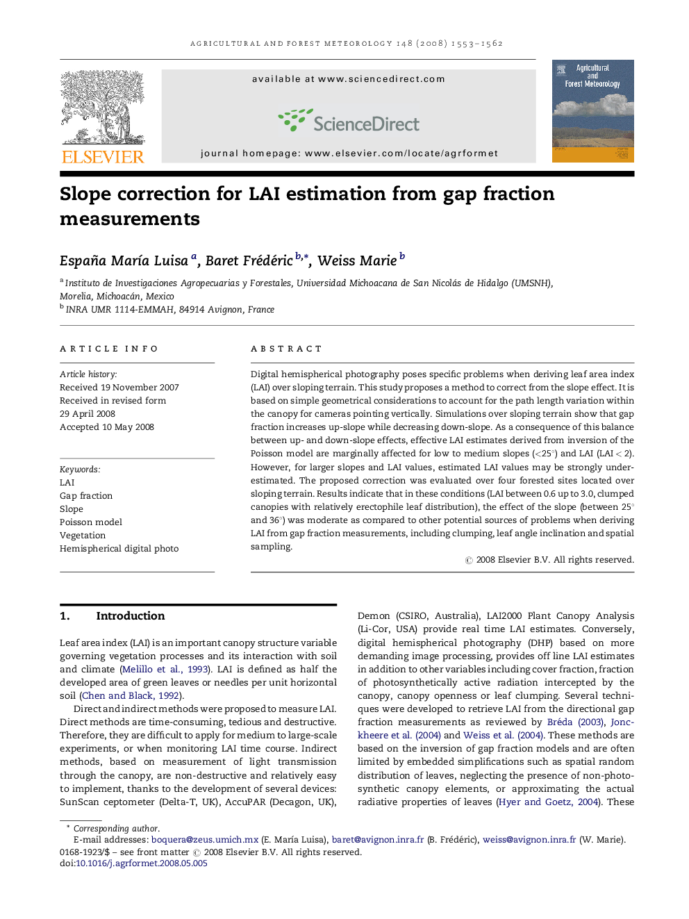 عکس صفحه اول مقاله: Slope correction for LAI estimation from gap fraction measurements Slope correction for LAI estimation from gap fraction measurements