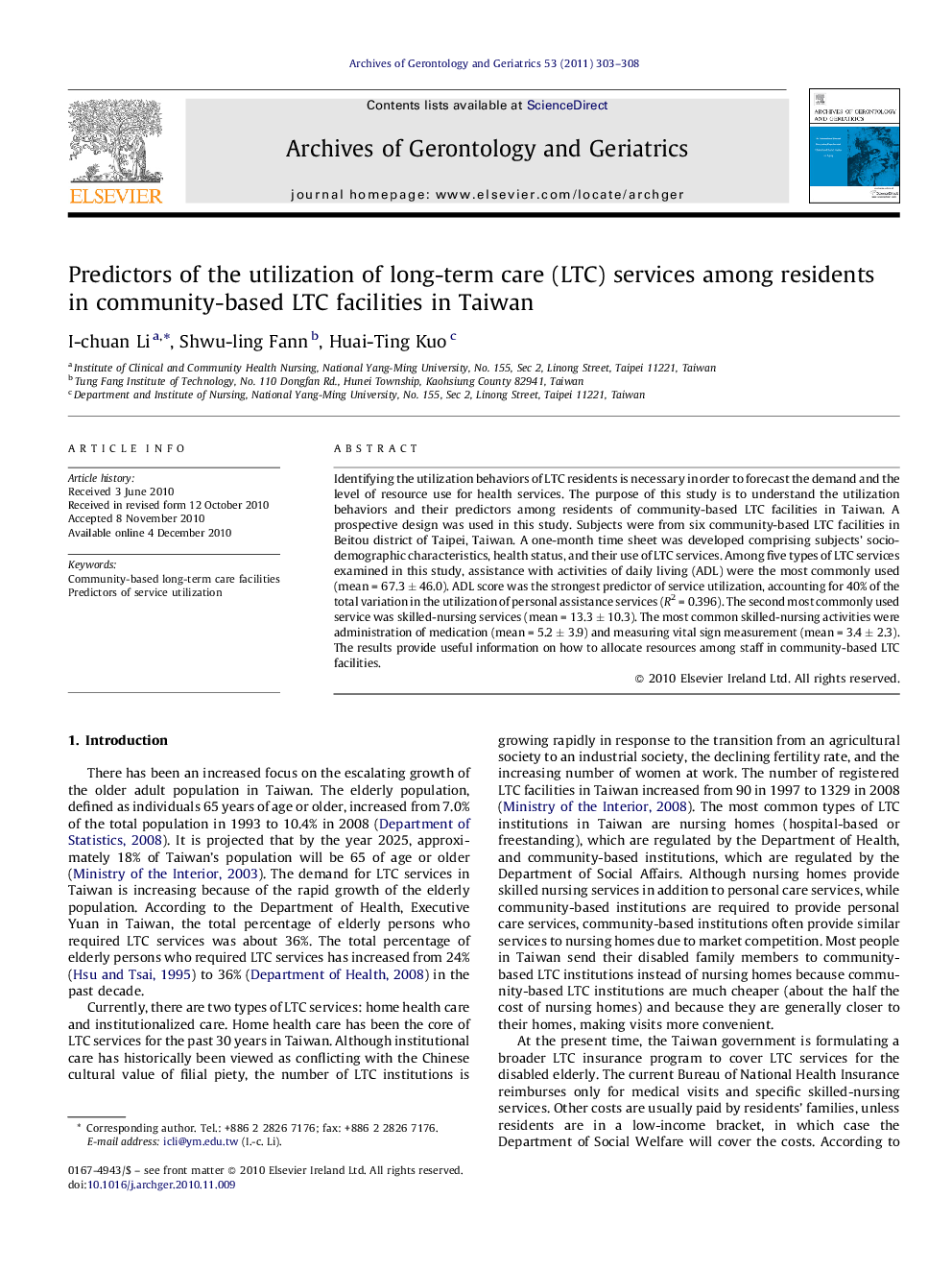 Predictors of the utilization of long-term care (LTC) services among residents in community-based LTC facilities in Taiwan