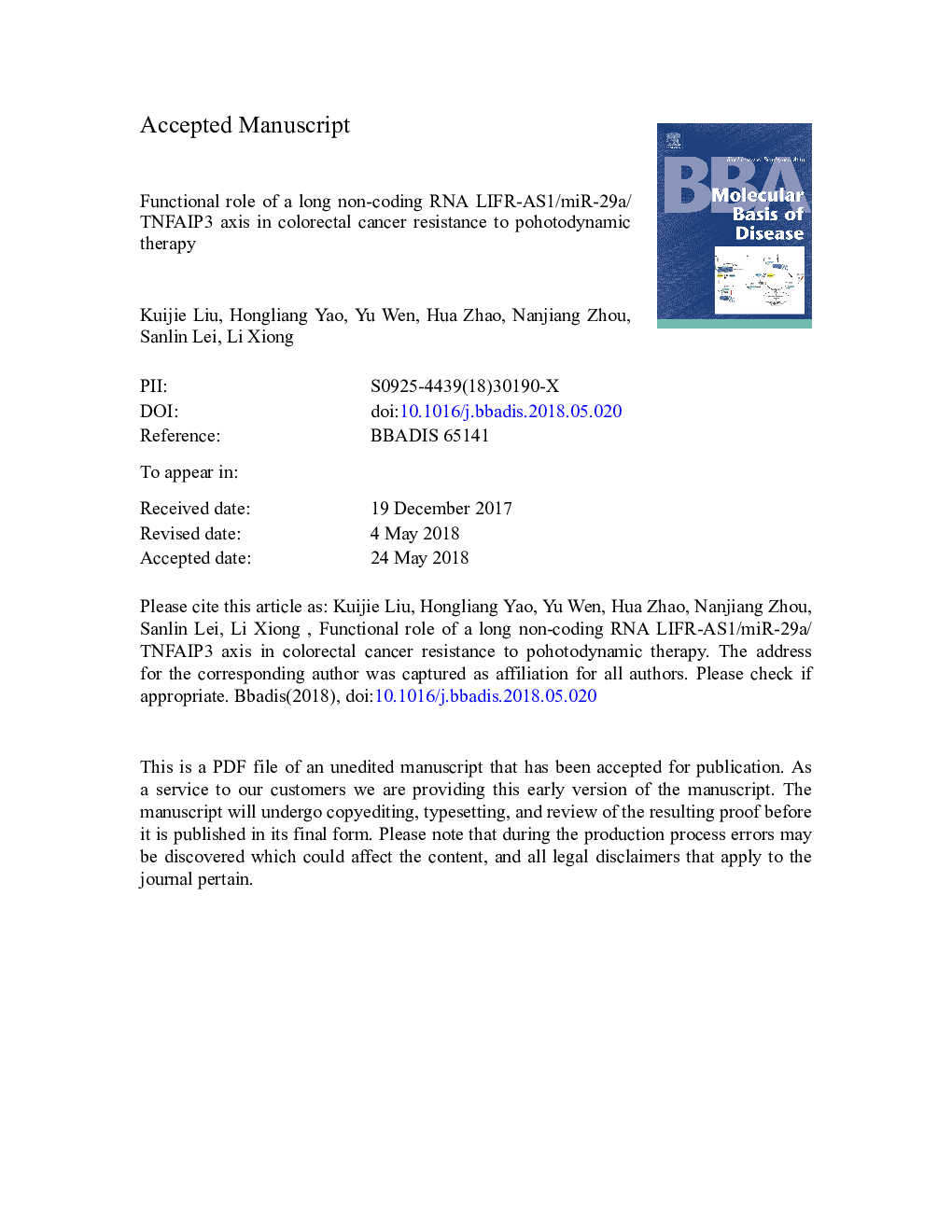 Functional role of a long non-coding RNA LIFR-AS1/miR-29a/TNFAIP3 axis in colorectal cancer resistance to pohotodynamic therapy