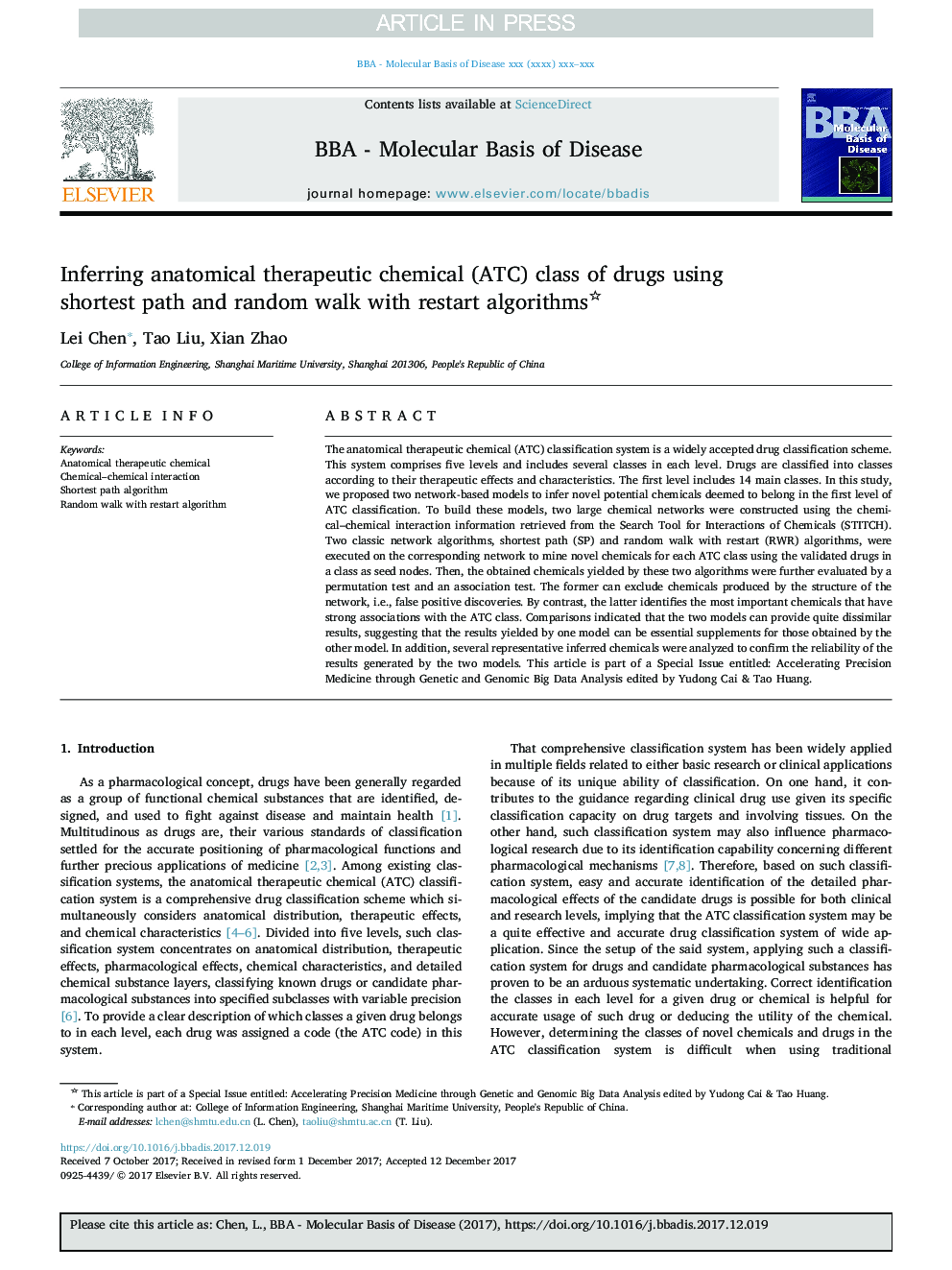 Inferring anatomical therapeutic chemical (ATC) class of drugs using shortest path and random walk with restart algorithms