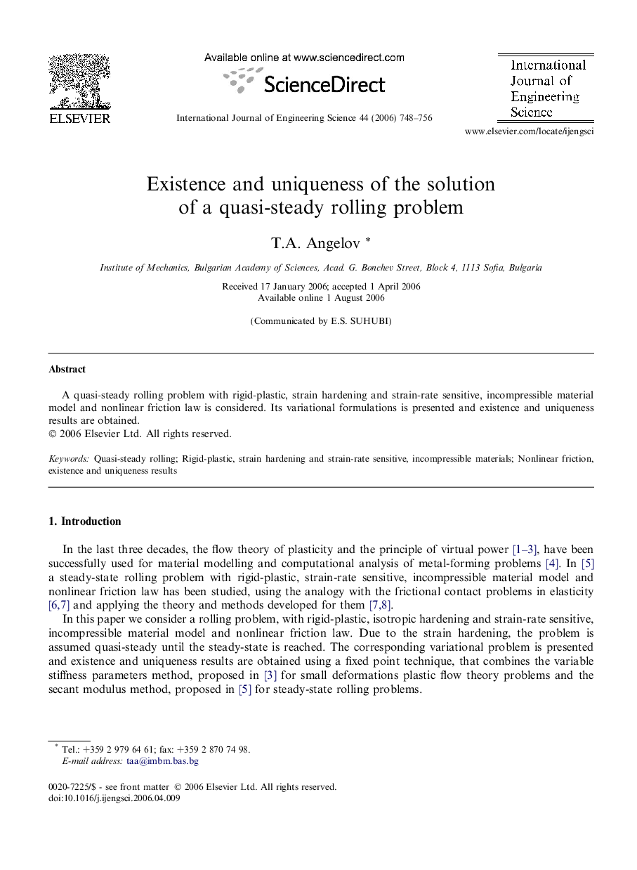 Existence and uniqueness of the solution of a quasi-steady rolling problem