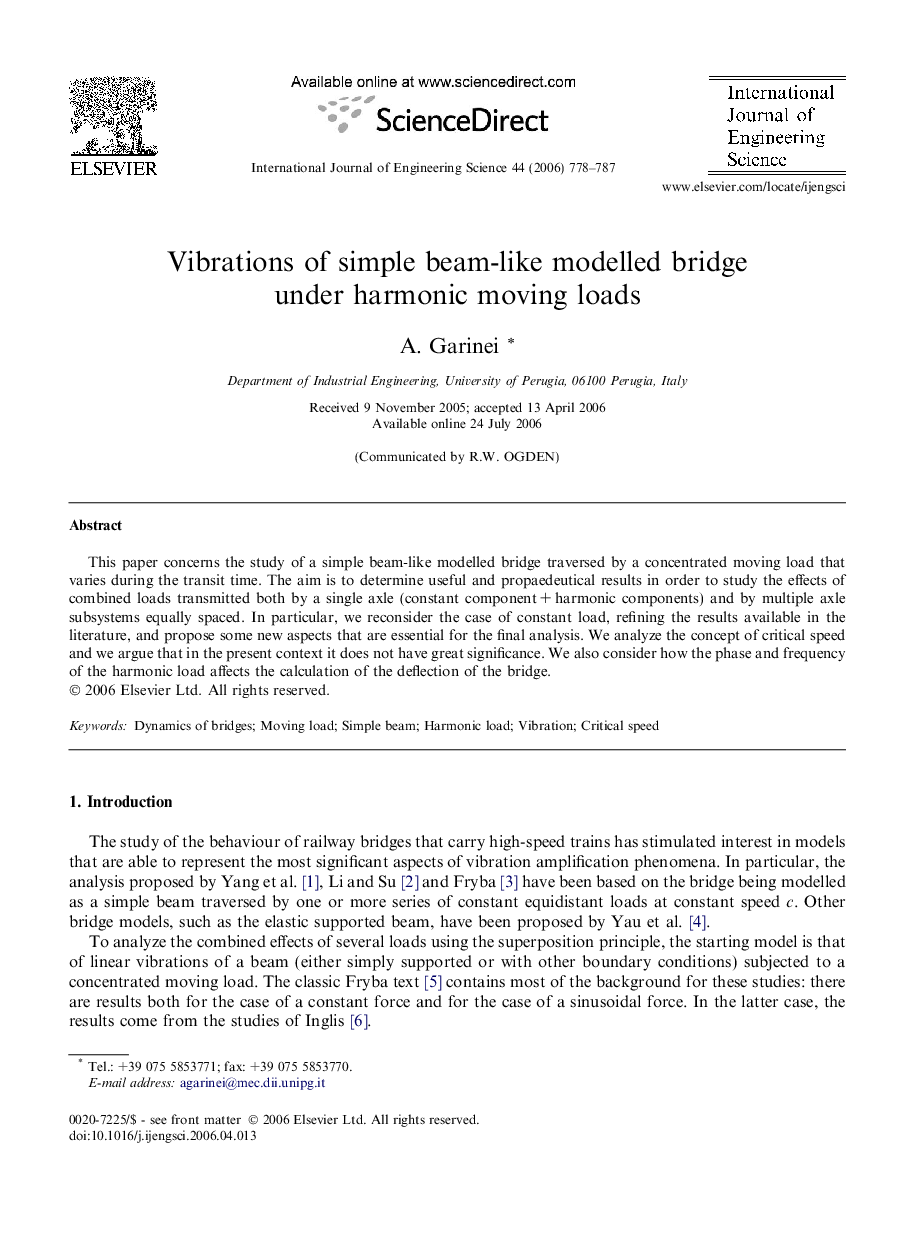 Vibrations of simple beam-like modelled bridge under harmonic moving loads