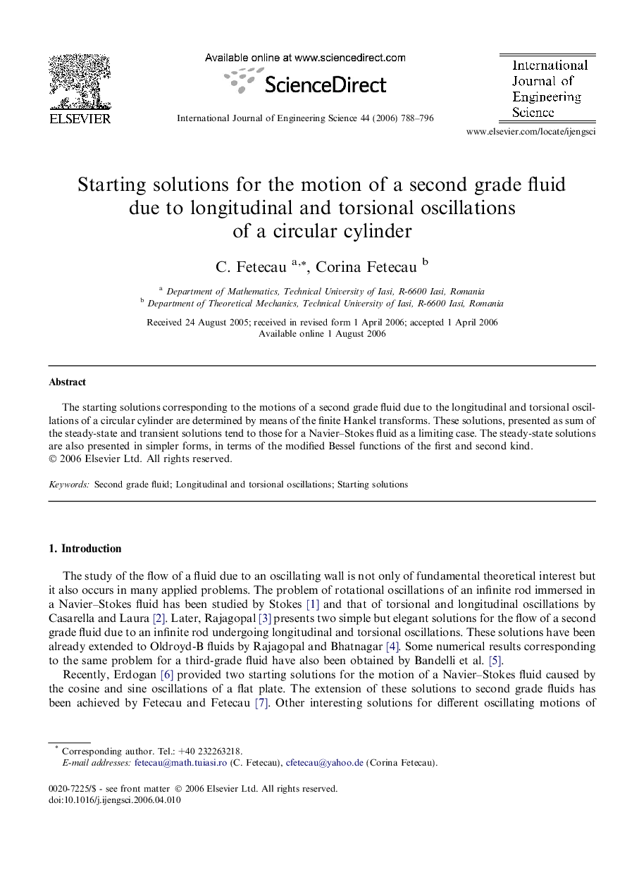 Starting solutions for the motion of a second grade fluid due to longitudinal and torsional oscillations of a circular cylinder