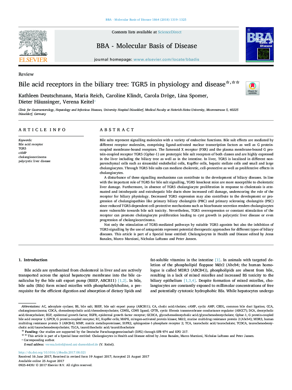 Bile acid receptors in the biliary tree: TGR5 in physiology and disease