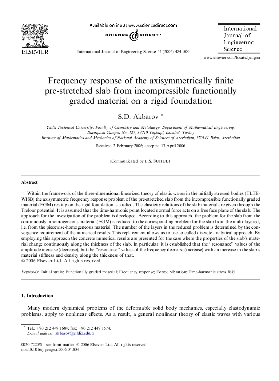 Frequency response of the axisymmetrically finite pre-stretched slab from incompressible functionally graded material on a rigid foundation