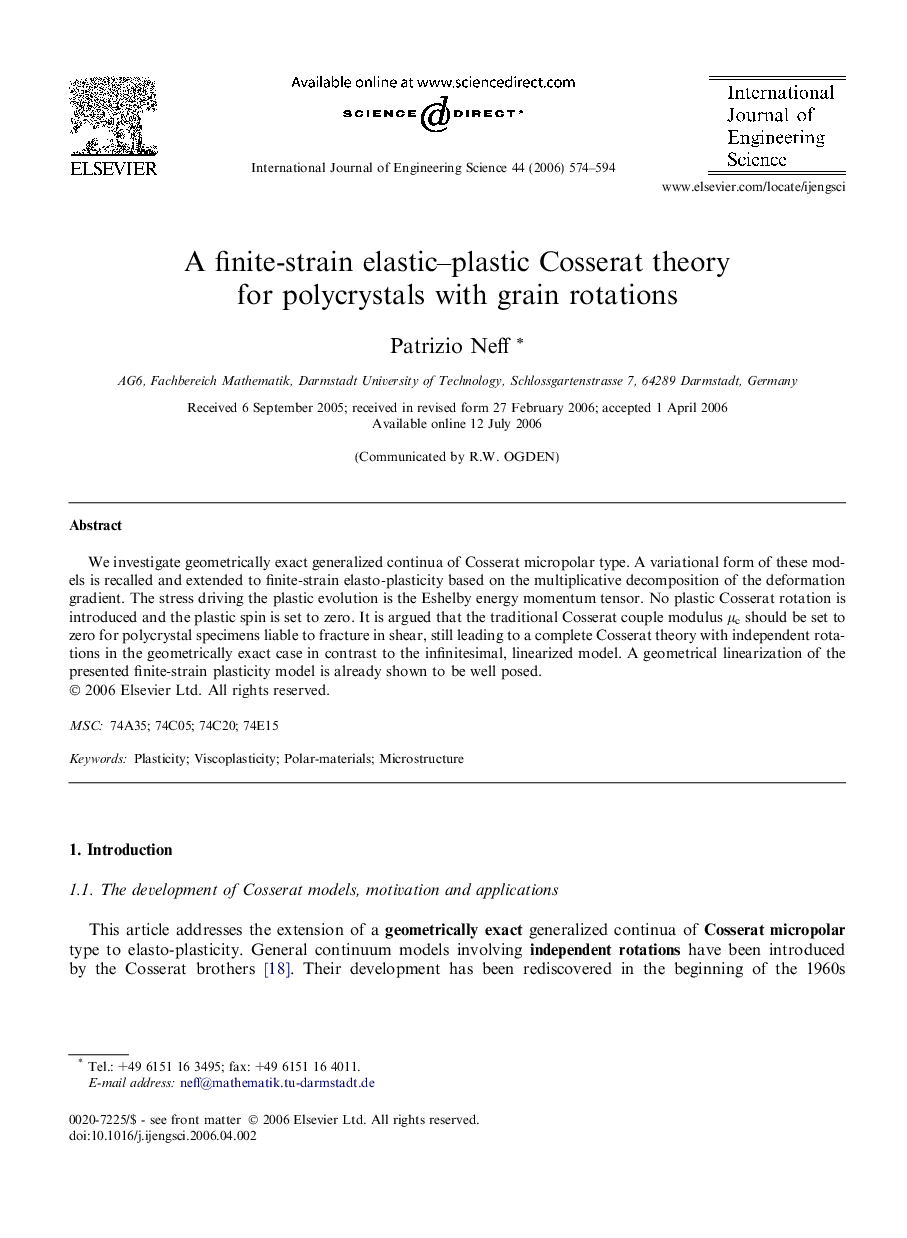 A finite-strain elastic–plastic Cosserat theory for polycrystals with grain rotations