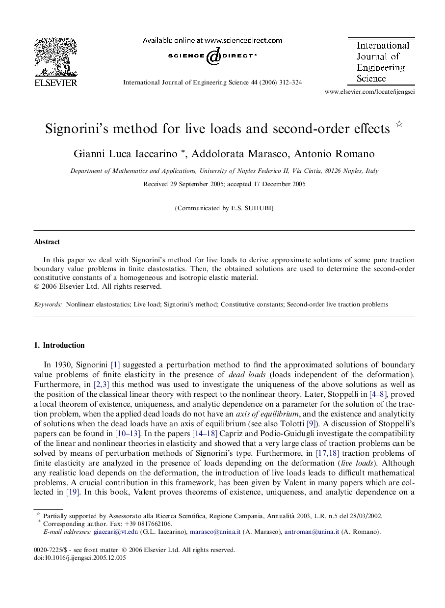 Signorini’s method for live loads and second-order effects 