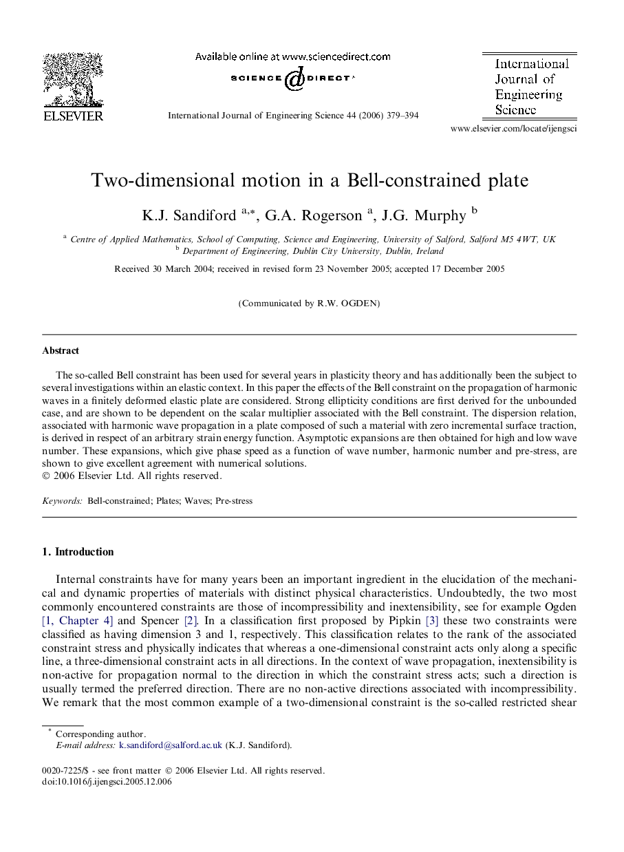 Two-dimensional motion in a Bell-constrained plate