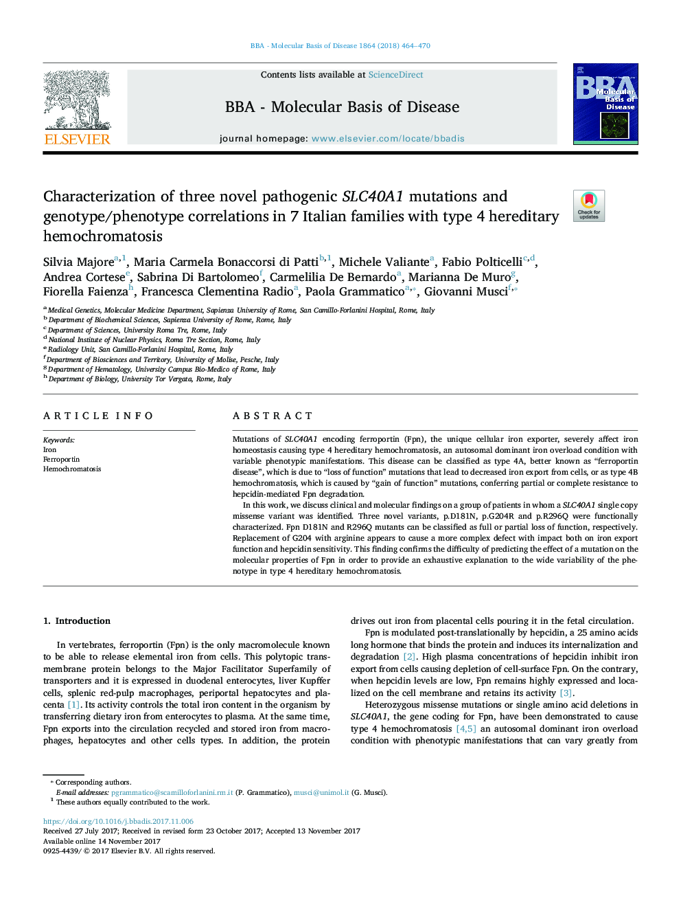 Characterization of three novel pathogenic SLC40A1 mutations and genotype/phenotype correlations in 7 Italian families with type 4 hereditary hemochromatosis