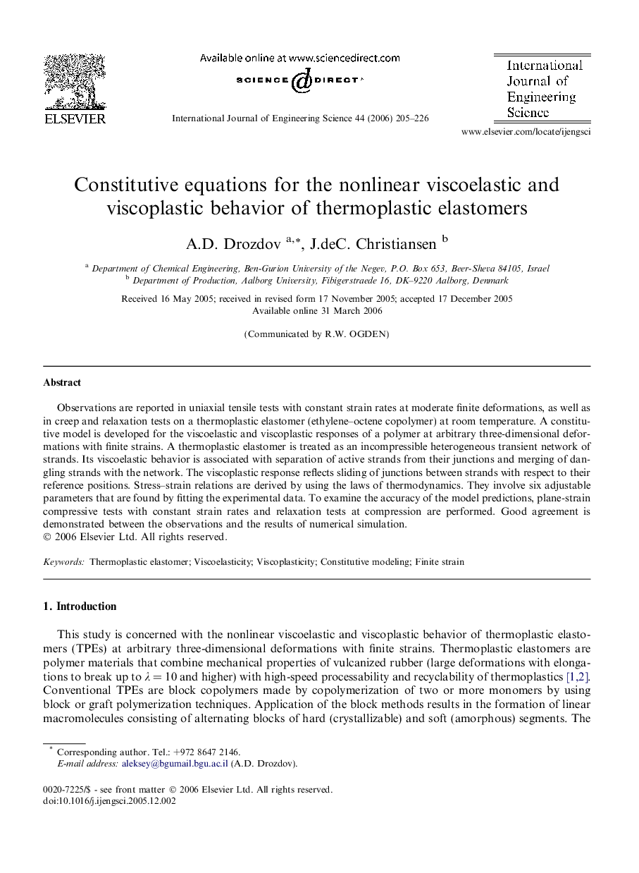 Constitutive equations for the nonlinear viscoelastic and viscoplastic behavior of thermoplastic elastomers