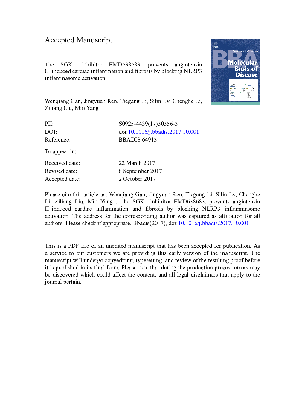 The SGK1 inhibitor EMD638683, prevents Angiotensin II-induced cardiac inflammation and fibrosis by blocking NLRP3 inflammasome activation