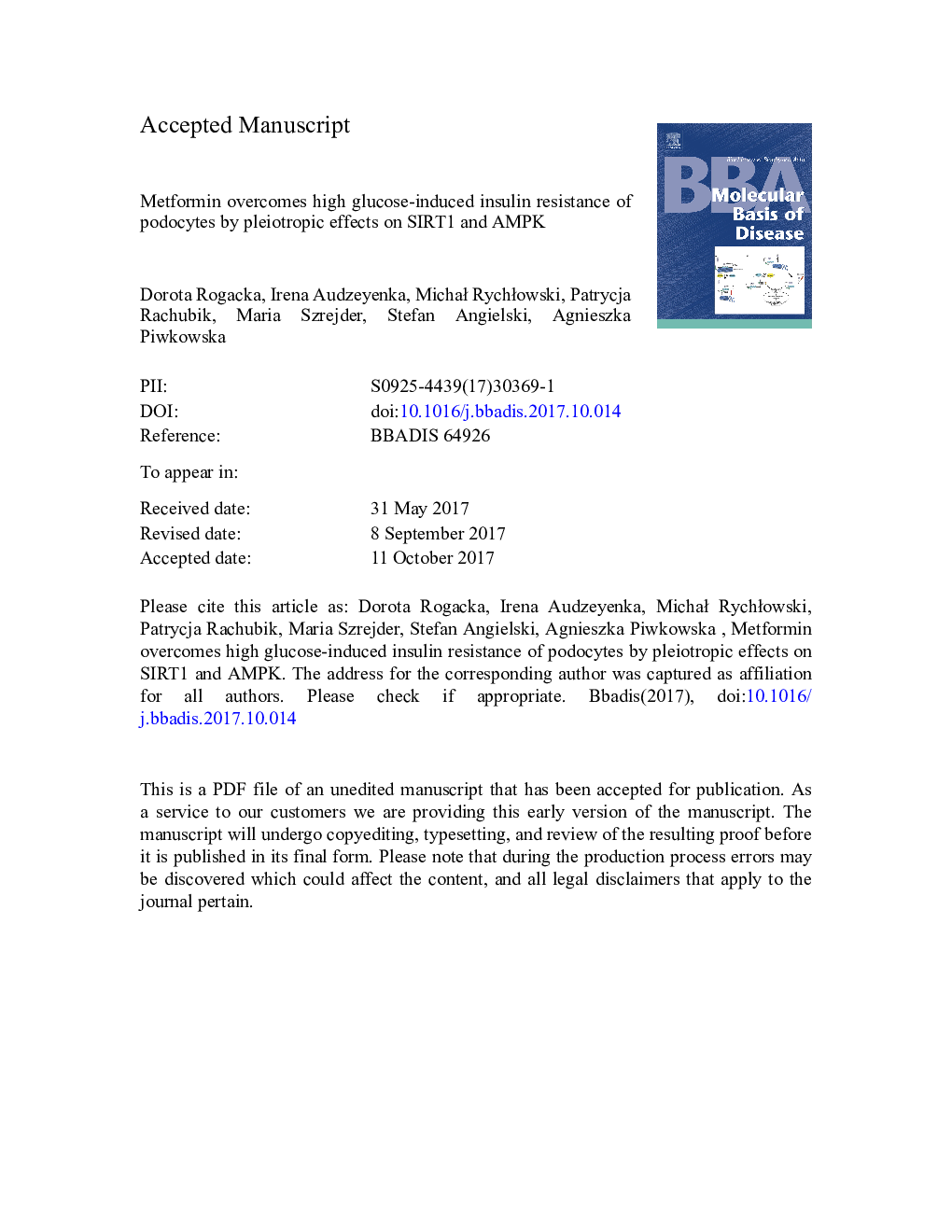 Metformin overcomes high glucose-induced insulin resistance of podocytes by pleiotropic effects on SIRT1 and AMPK