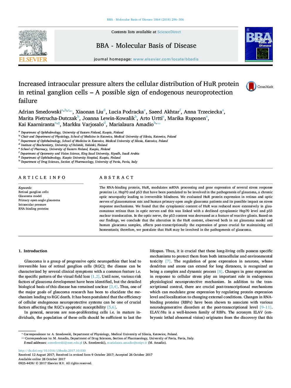 Increased intraocular pressure alters the cellular distribution of HuR protein in retinal ganglion cells - A possible sign of endogenous neuroprotection failure