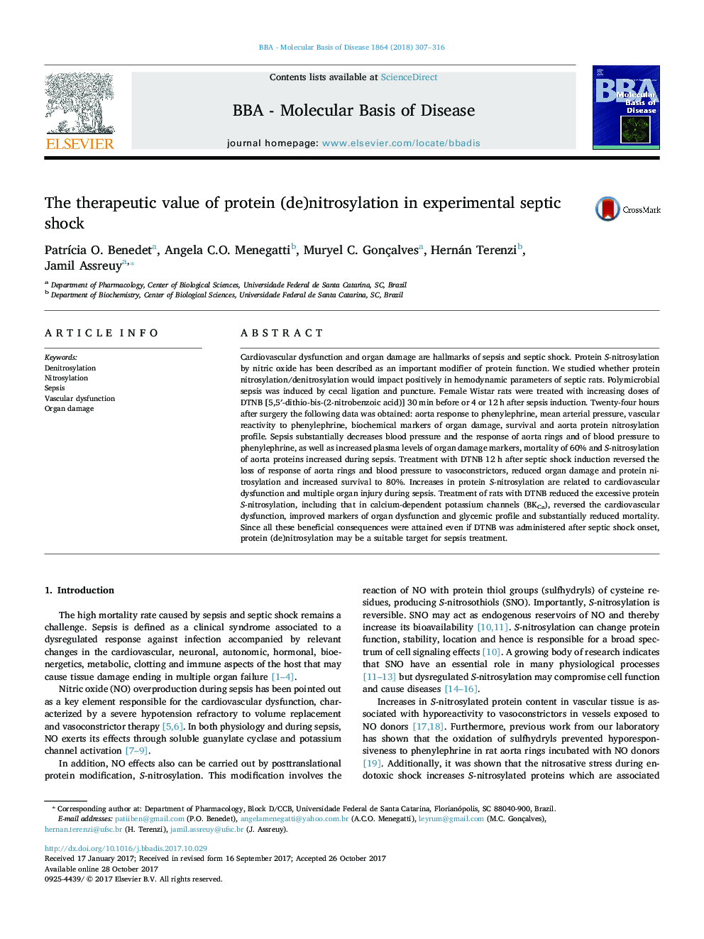 The therapeutic value of protein (de)nitrosylation in experimental septic shock