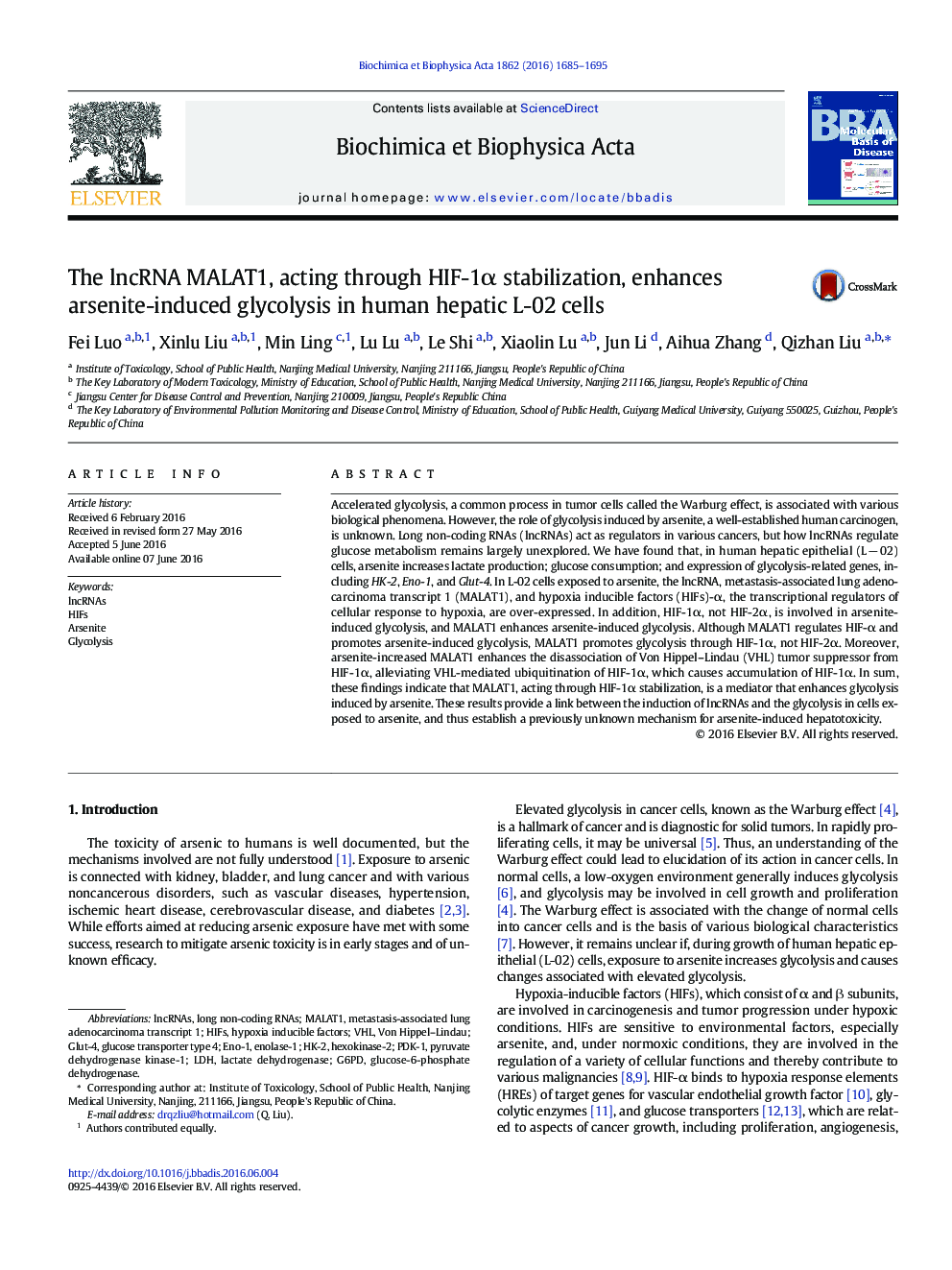 The lncRNA MALAT1, acting through HIF-1Î± stabilization, enhances arsenite-induced glycolysis in human hepatic L-02 cells