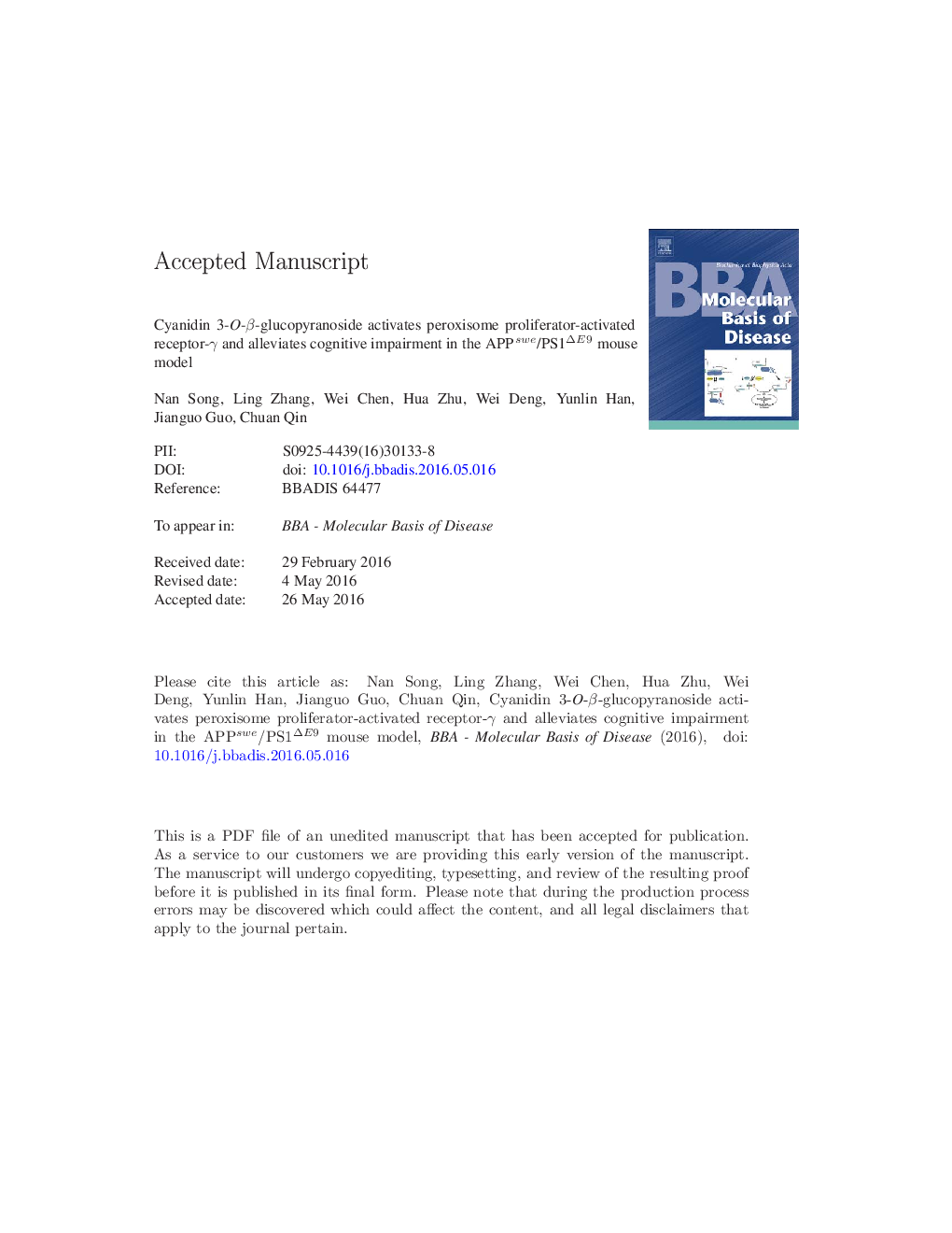 Cyanidin 3-O-Î²-glucopyranoside activates peroxisome proliferator-activated receptor-Î³ and alleviates cognitive impairment in the APPswe/PS1ÎE9 mouse model