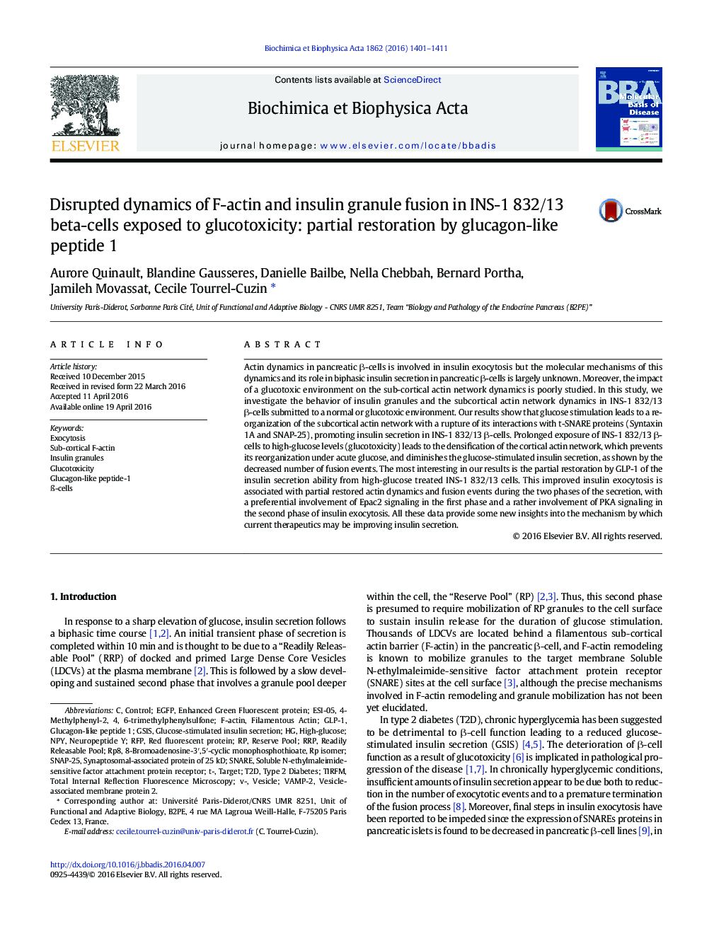 Disrupted dynamics of F-actin and insulin granule fusion in INS-1 832/13 beta-cells exposed to glucotoxicity: partial restoration by glucagon-like peptide 1