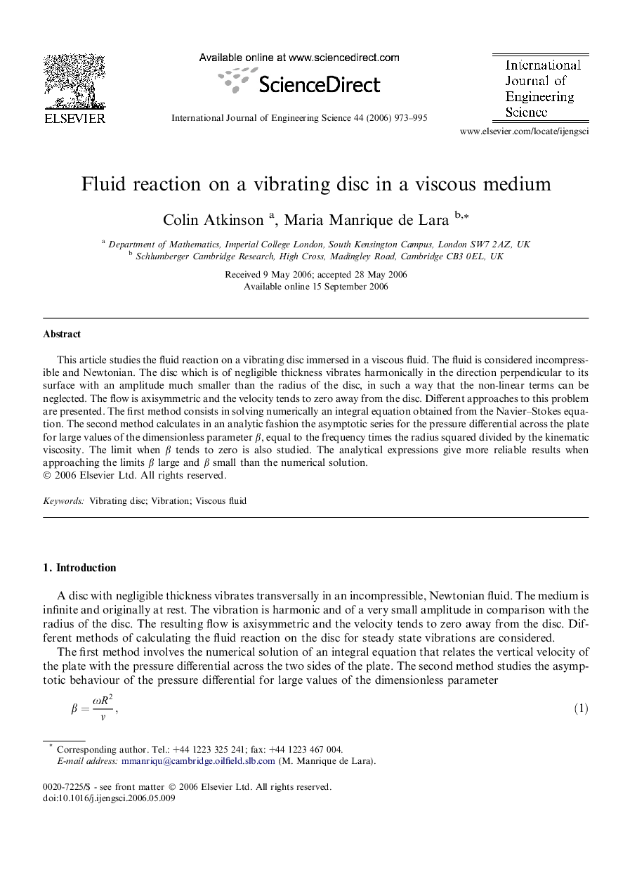 Fluid reaction on a vibrating disc in a viscous medium