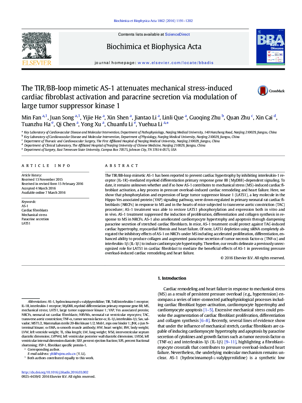 The TIR/BB-loop mimetic AS-1 attenuates mechanical stress-induced cardiac fibroblast activation and paracrine secretion via modulation of large tumor suppressor kinase 1