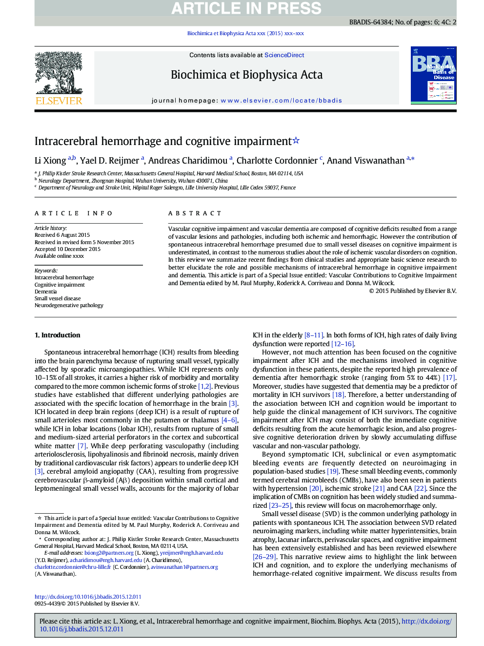 Intracerebral hemorrhage and cognitive impairment