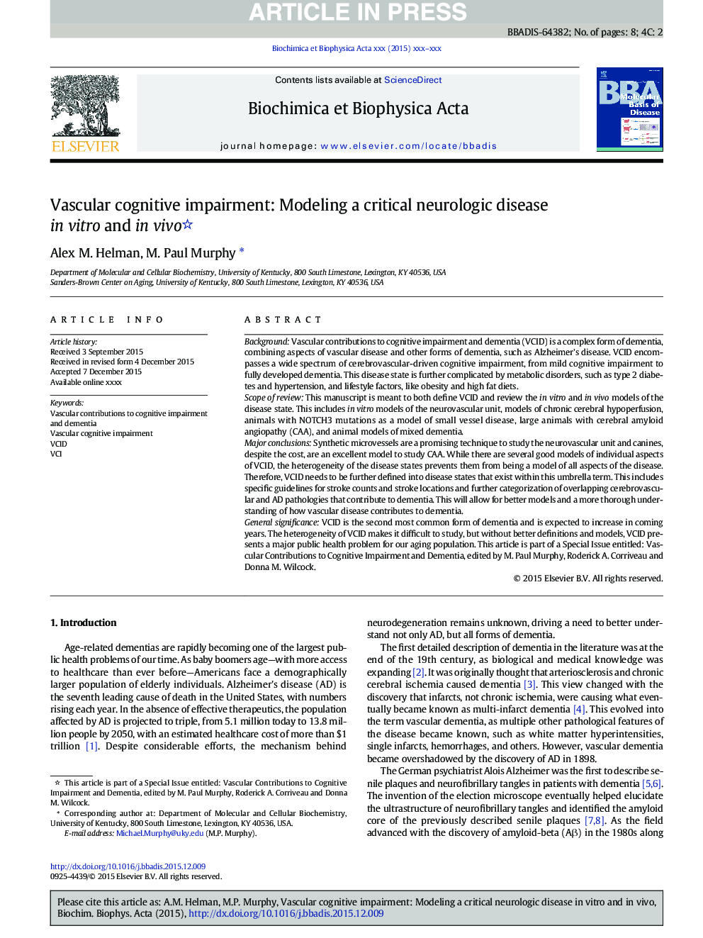 Vascular cognitive impairment: Modeling a critical neurologic disease in vitro and in vivo