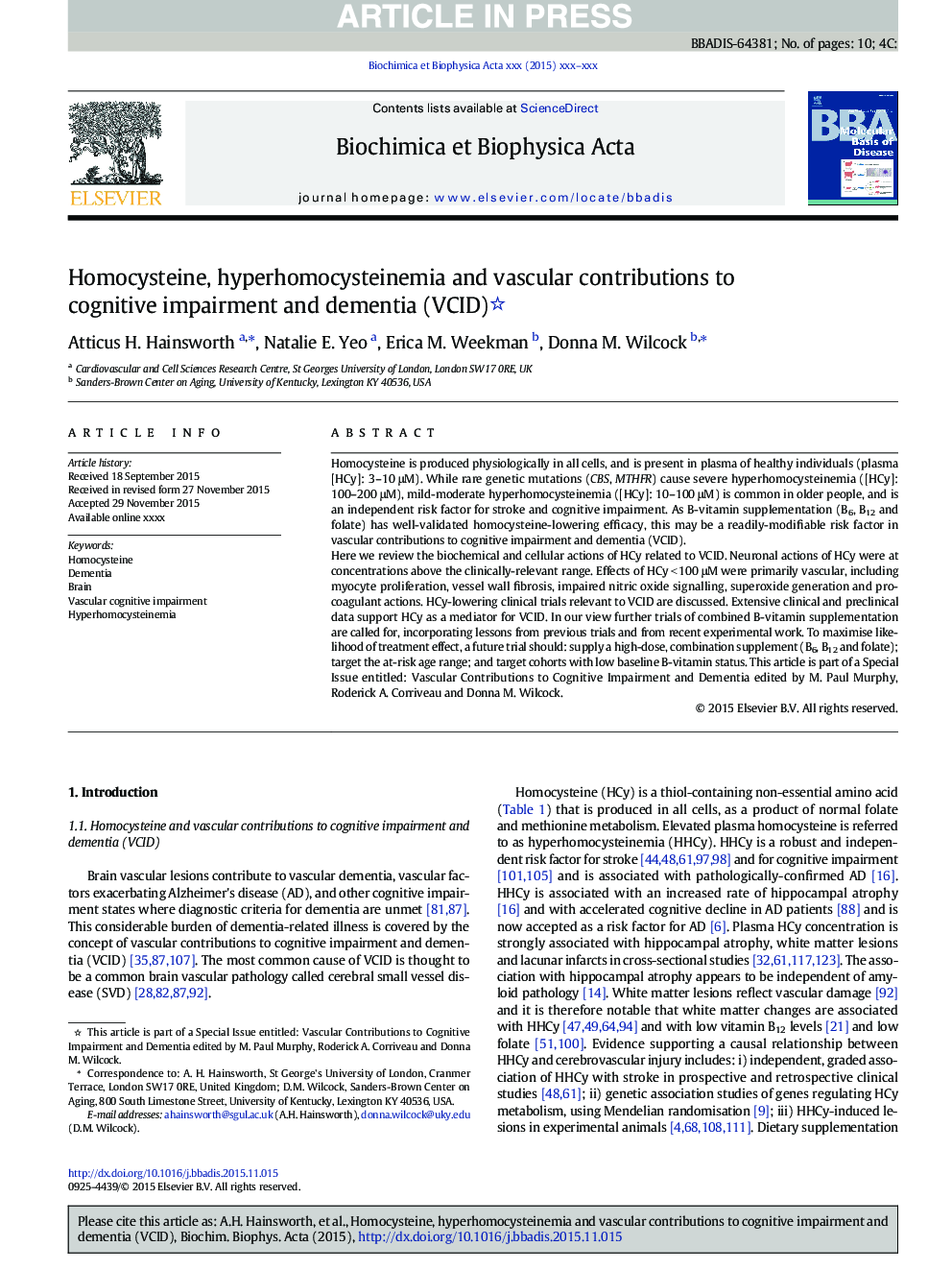 Homocysteine, hyperhomocysteinemia and vascular contributions to cognitive impairment and dementia (VCID)