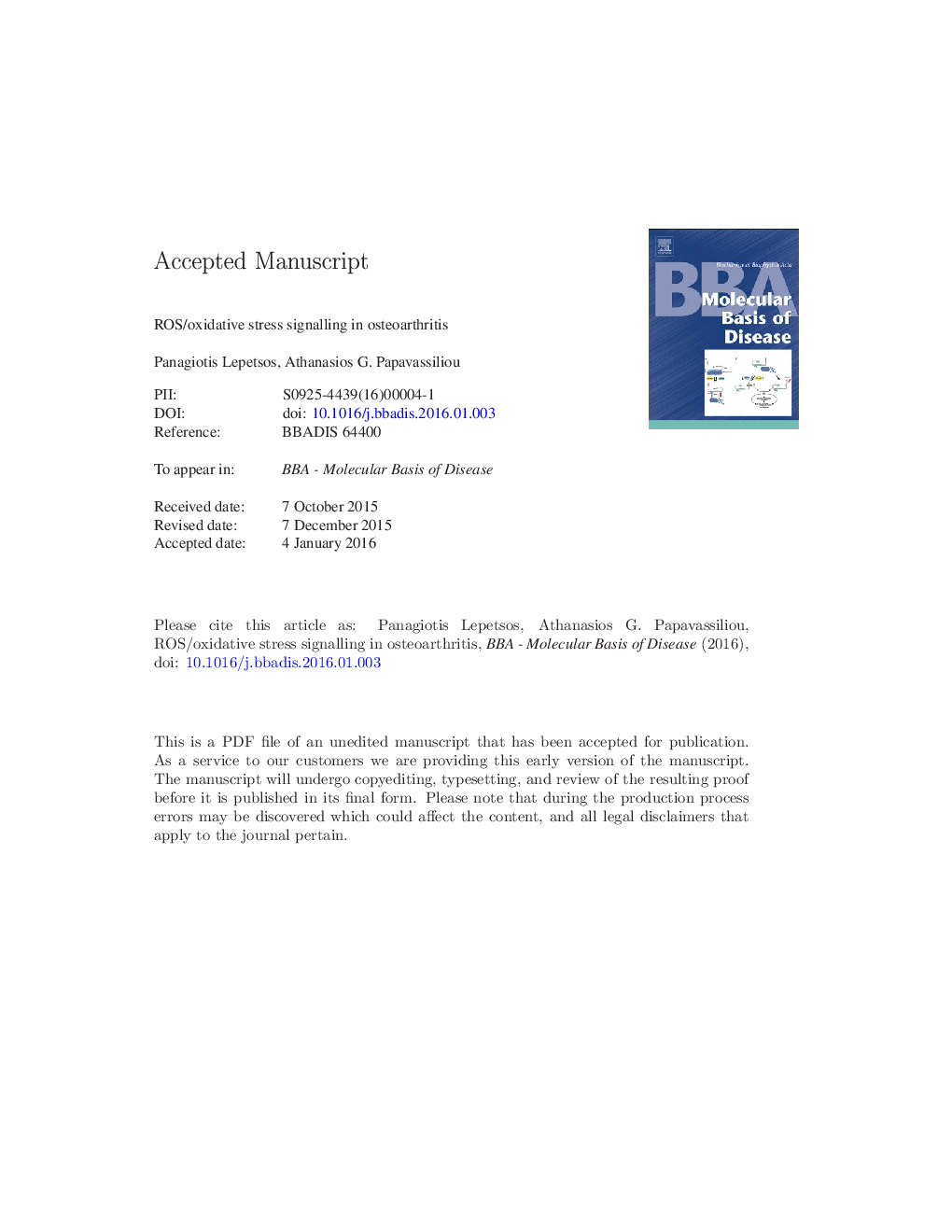 ROS/oxidative stress signaling in osteoarthritis