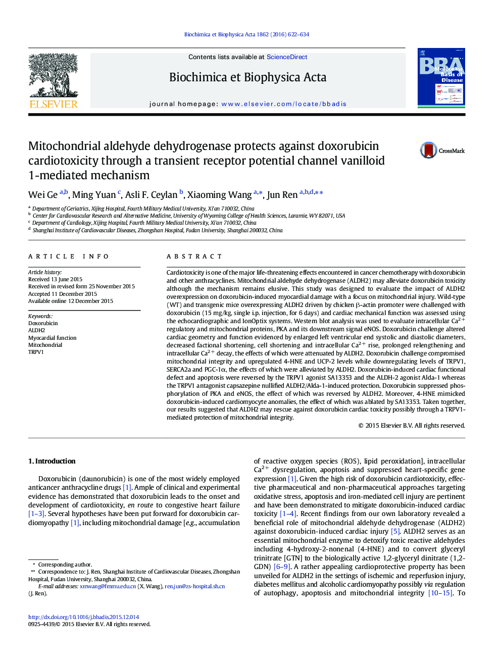 Mitochondrial aldehyde dehydrogenase protects against doxorubicin cardiotoxicity through a transient receptor potential channel vanilloid 1-mediated mechanism