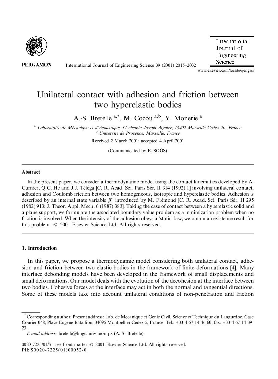 Unilateral contact with adhesion and friction between two hyperelastic bodies