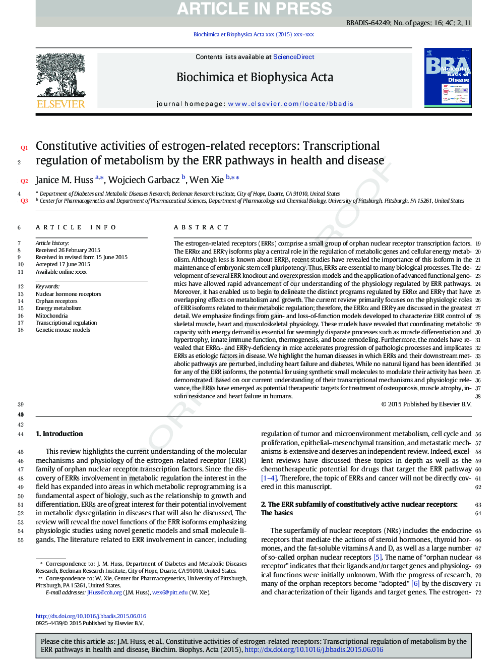 Constitutive activities of estrogen-related receptors: Transcriptional regulation of metabolism by the ERR pathways in health and disease