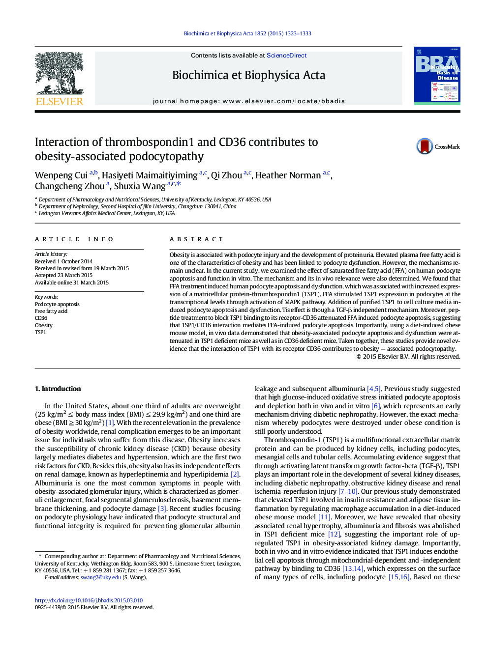 Interaction of thrombospondin1 and CD36 contributes to obesity-associated podocytopathy