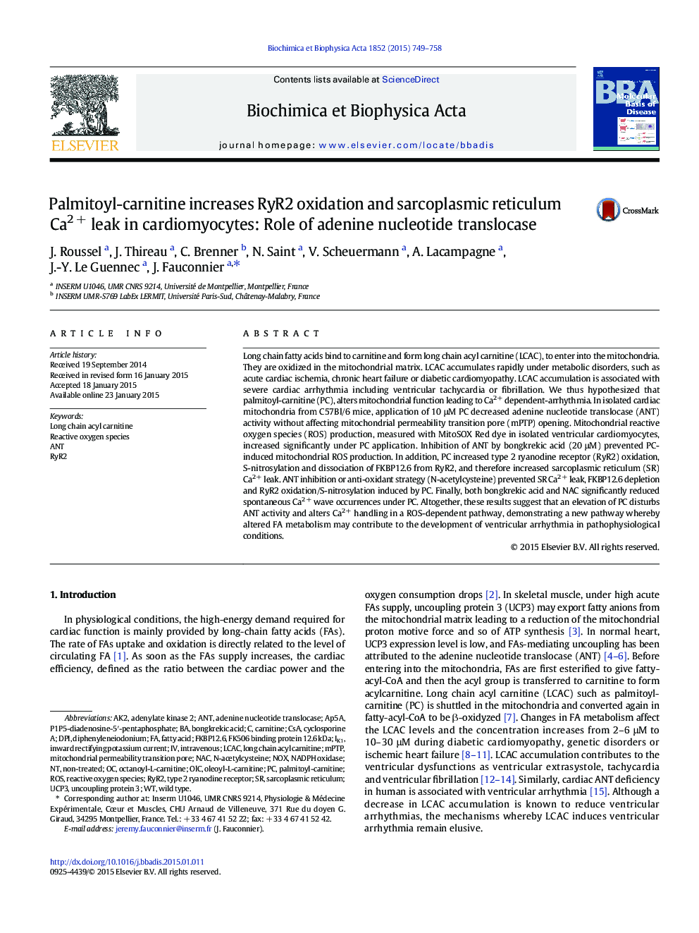 Palmitoyl-carnitine increases RyR2 oxidation and sarcoplasmic reticulum Ca2Â + leak in cardiomyocytes: Role of adenine nucleotide translocase