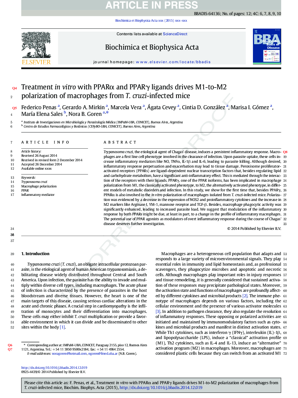 عکس صفحه اول مقاله: Treatment in vitro with PPARα and PPARγ ligands drives M1-to-M2 polarization of macrophages from T. cruzi-infected mice Treatment in vitro with PPARα and PPARγ ligands drives M1-to-M2 polarization of macrophages from T. cruzi-infected mice