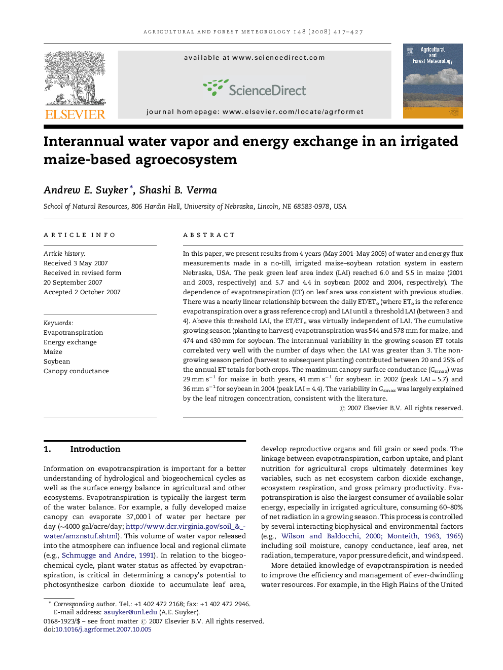 Interannual water vapor and energy exchange in an irrigated maize-based agroecosystem