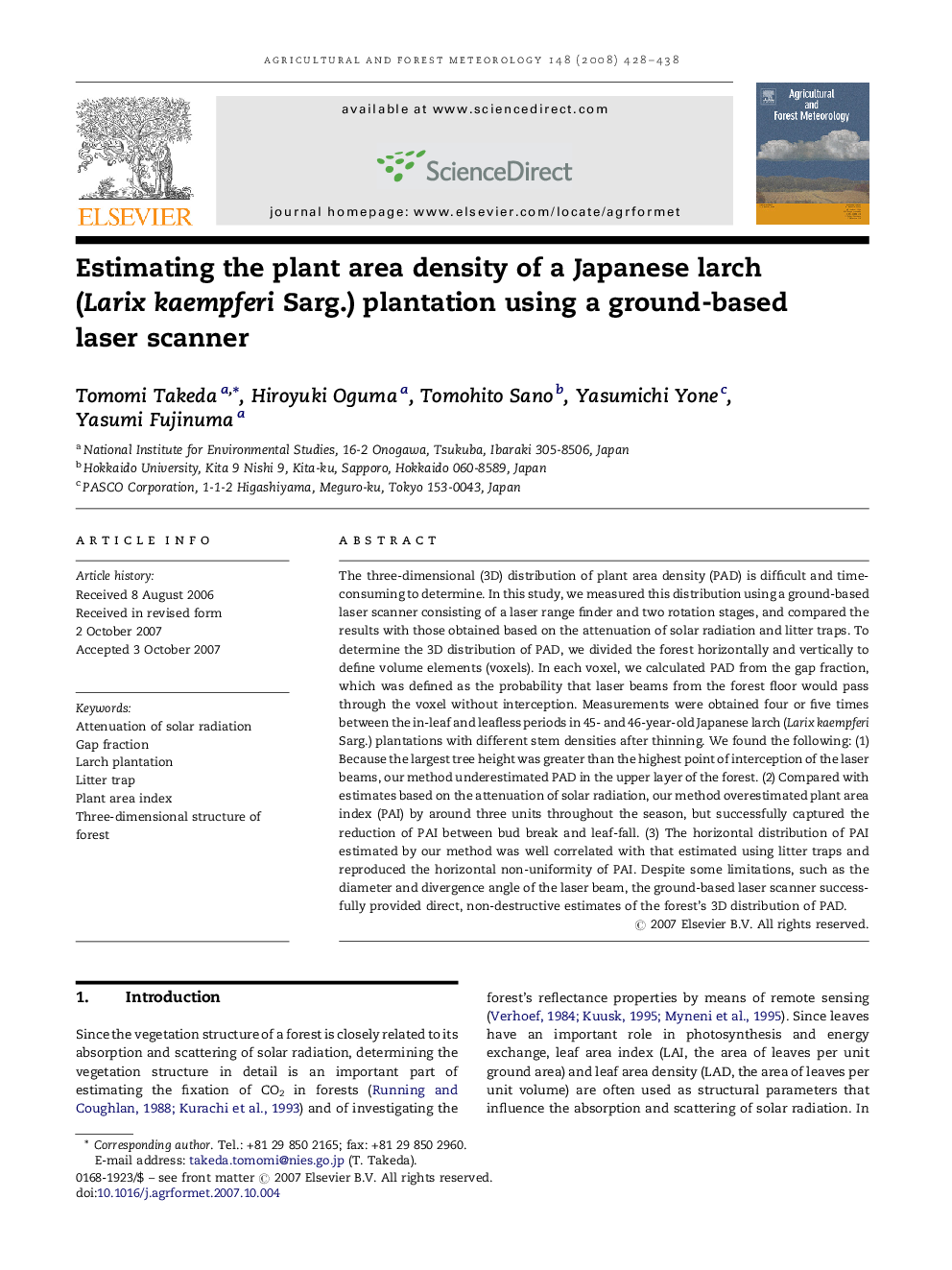 Estimating the plant area density of a Japanese larch (Larix kaempferi Sarg.) plantation using a ground-based laser scanner