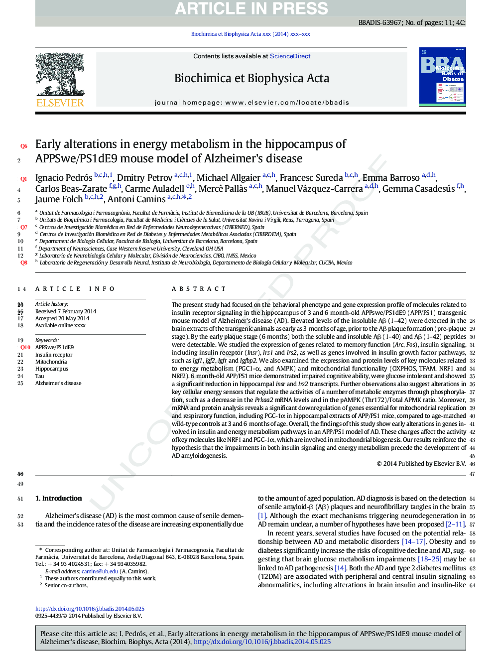 Early alterations in energy metabolism in the hippocampus of APPswe/PS1dE9 mouse model of Alzheimer's disease